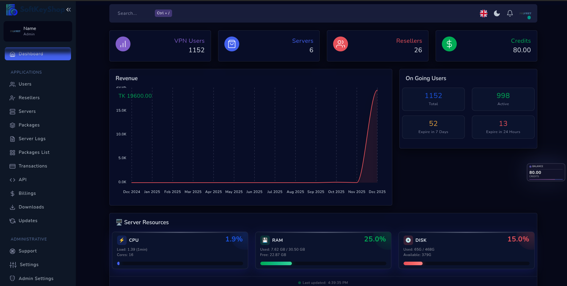 VPN Management Panel Dashboard